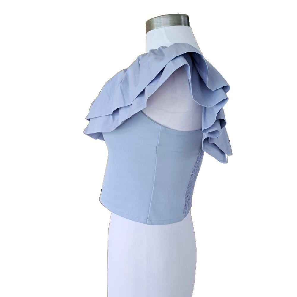 NEW Anthropologie Sunday Brooklyn Ruffled One-Shoulder Crop Top Small Sky Blue - Picture 4 of 9